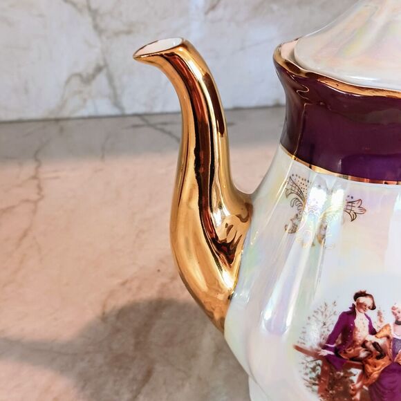 GNA Fine Porcelain 8.5" Tea Pot GOLD Hand Painted Victorian Courtship Iridescent - Picture 8 of 16